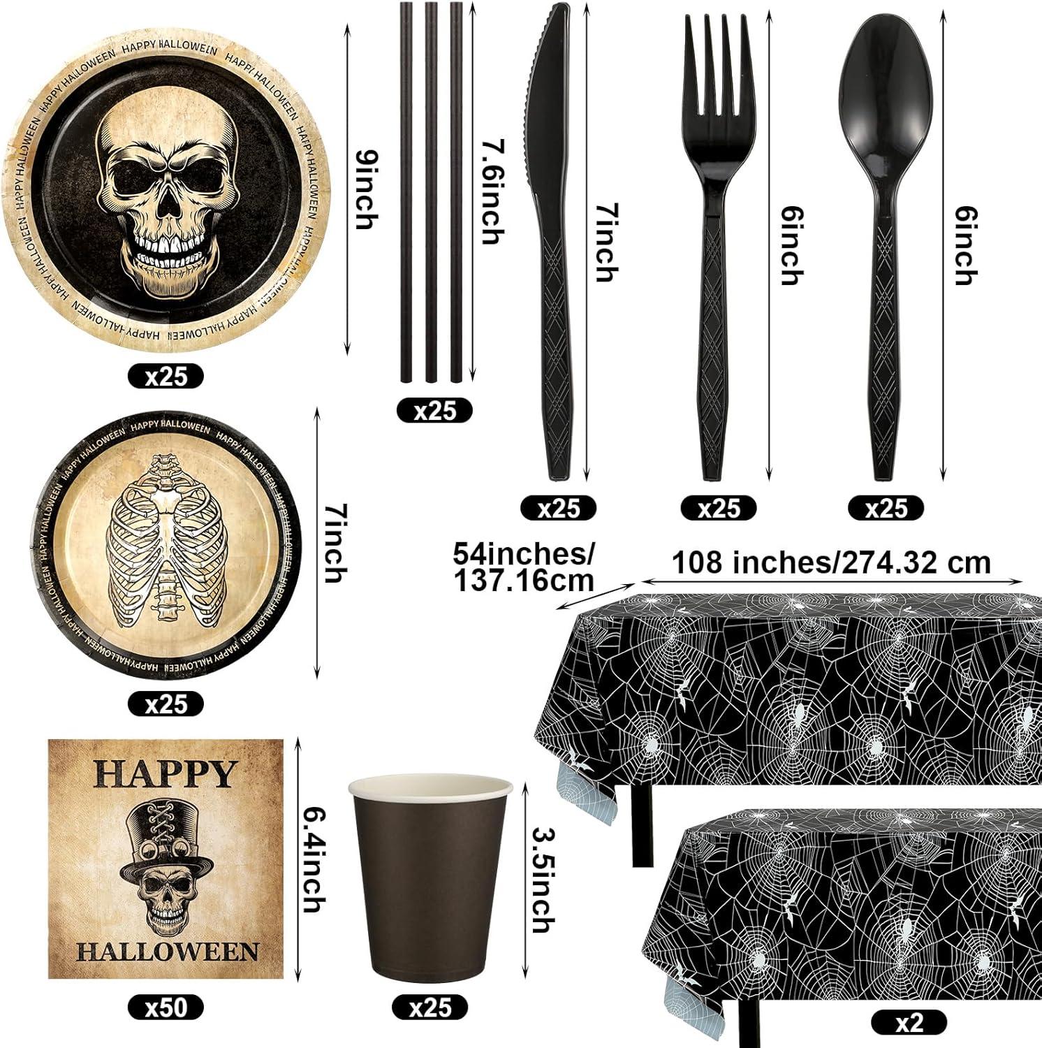 imageSliner 227Pcs Gothic Halloween Party Decorations Skull Vintage Supplies Tableware Set Include Tablecloth Tableware for Costume Birthday Party Serve 25