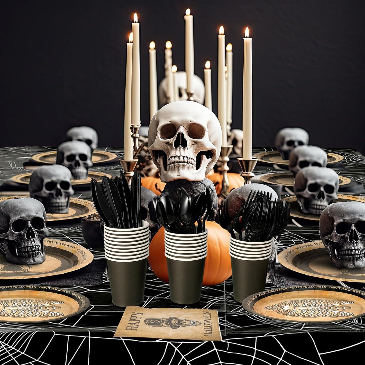 imageSliner 227Pcs Gothic Halloween Party Decorations Skull Vintage Supplies Tableware Set Include Tablecloth Tableware for Costume Birthday Party Serve 25