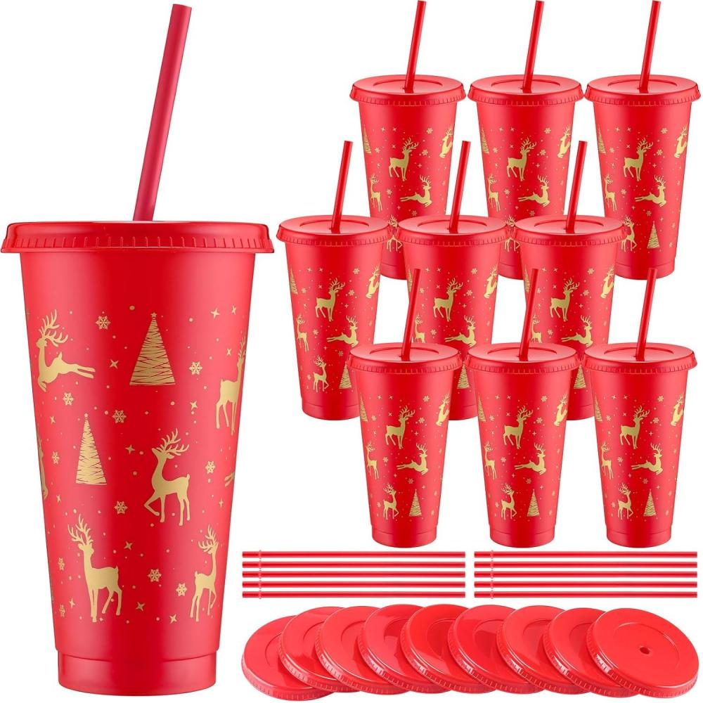 imageSliner 10 Pcs Christmas Plastic Cups with Lid and Straw 24oz Reusable Christmas Plastic Cups Thick Xmas Party Drinking Tumblers for Iced Coffee Xmas Party SuppliesRed GoldRed  Gold