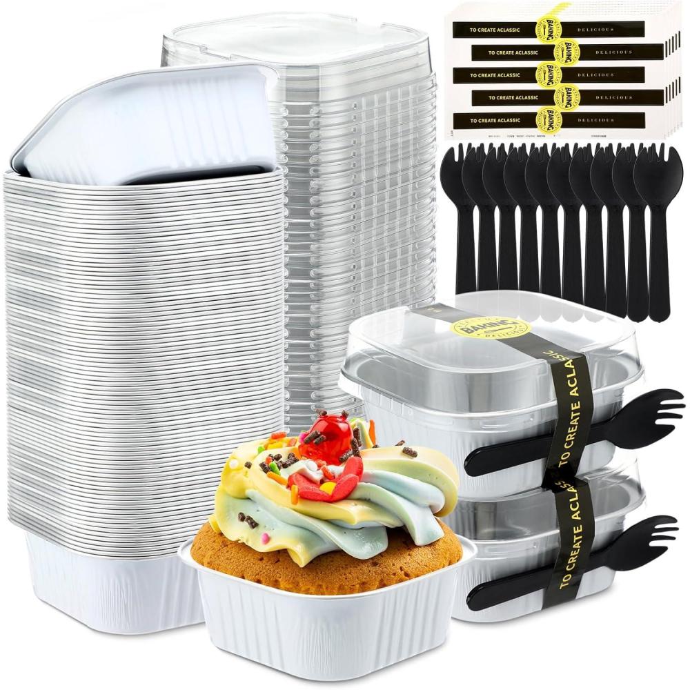 imageSliner 100 Pcs 10 oz Mini Cake Pans with Lids Aluminum Foil Disposable Ramekins Mini Cake Cups with Spork Sticker Square Cupcake Cups Baking Tins for Kitchen Party Wedding BirthdayGold SilverWhite