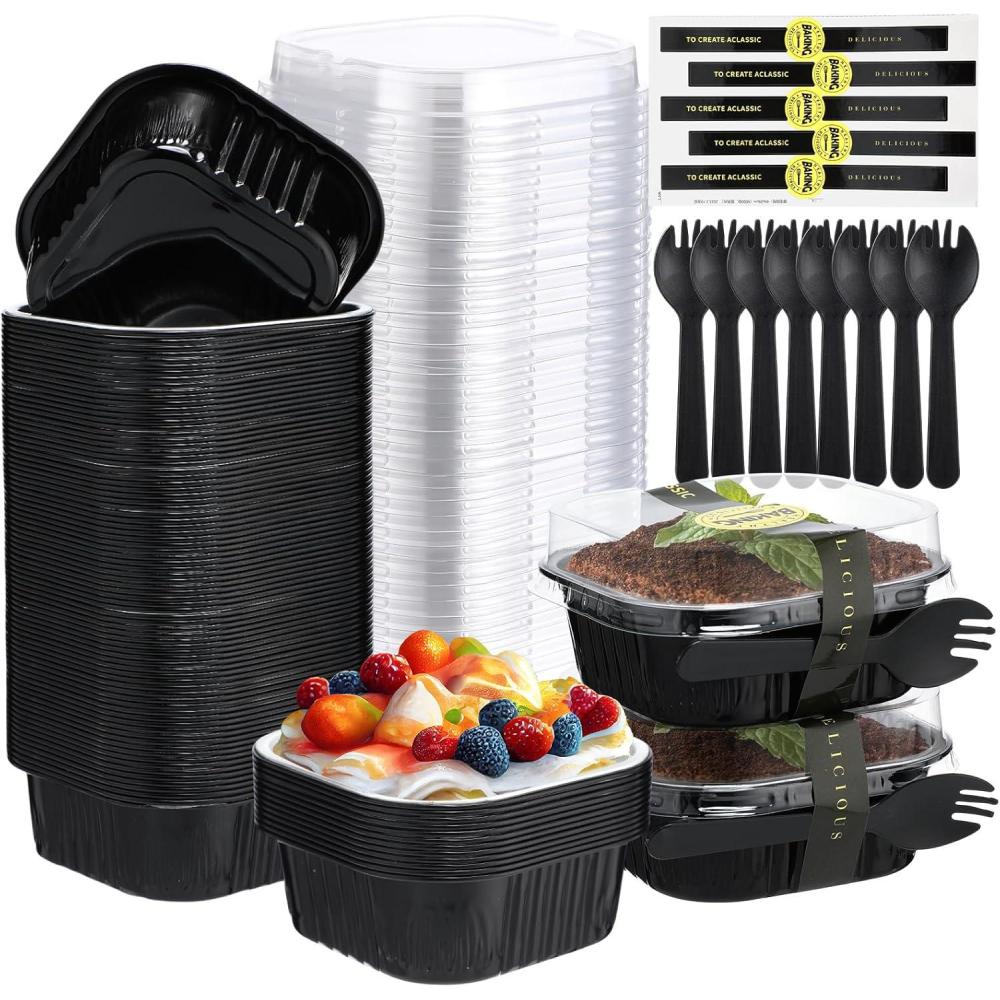 imageSliner 100 Pcs 10 oz Mini Cake Pans with Lids Aluminum Foil Disposable Ramekins Mini Cake Cups with Spork Sticker Square Cupcake Cups Baking Tins for Kitchen Party Wedding BirthdayGold SilverBlack Silver