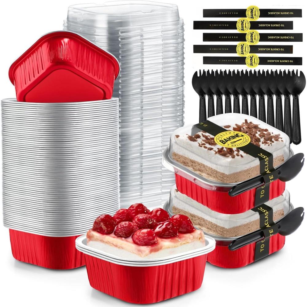 imageSliner 100 Pcs 10 oz Mini Cake Pans with Lids Aluminum Foil Disposable Ramekins Mini Cake Cups with Spork Sticker Square Cupcake Cups Baking Tins for Kitchen Party Wedding BirthdayGold SilverRed