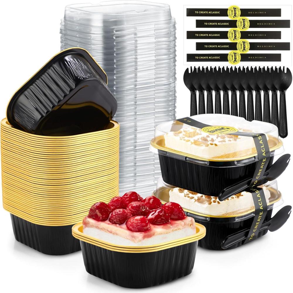 imageSliner 100 Pcs 10 oz Mini Cake Pans with Lids Aluminum Foil Disposable Ramekins Mini Cake Cups with Spork Sticker Square Cupcake Cups Baking Tins for Kitchen Party Wedding BirthdayGold SilverBlackGold