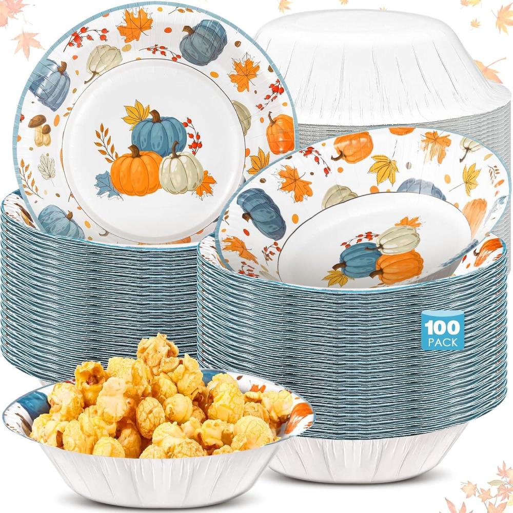 imageSliner 100 Pcs 16 oz Thanksgiving Paper Bowl Pumpkin Autumn Maple Leaves Disposable Fall Thanksgiving Soup Bowl for Holiday Party Snack Dessert Salad Milk Cereal Serving Catering Event Supplies100