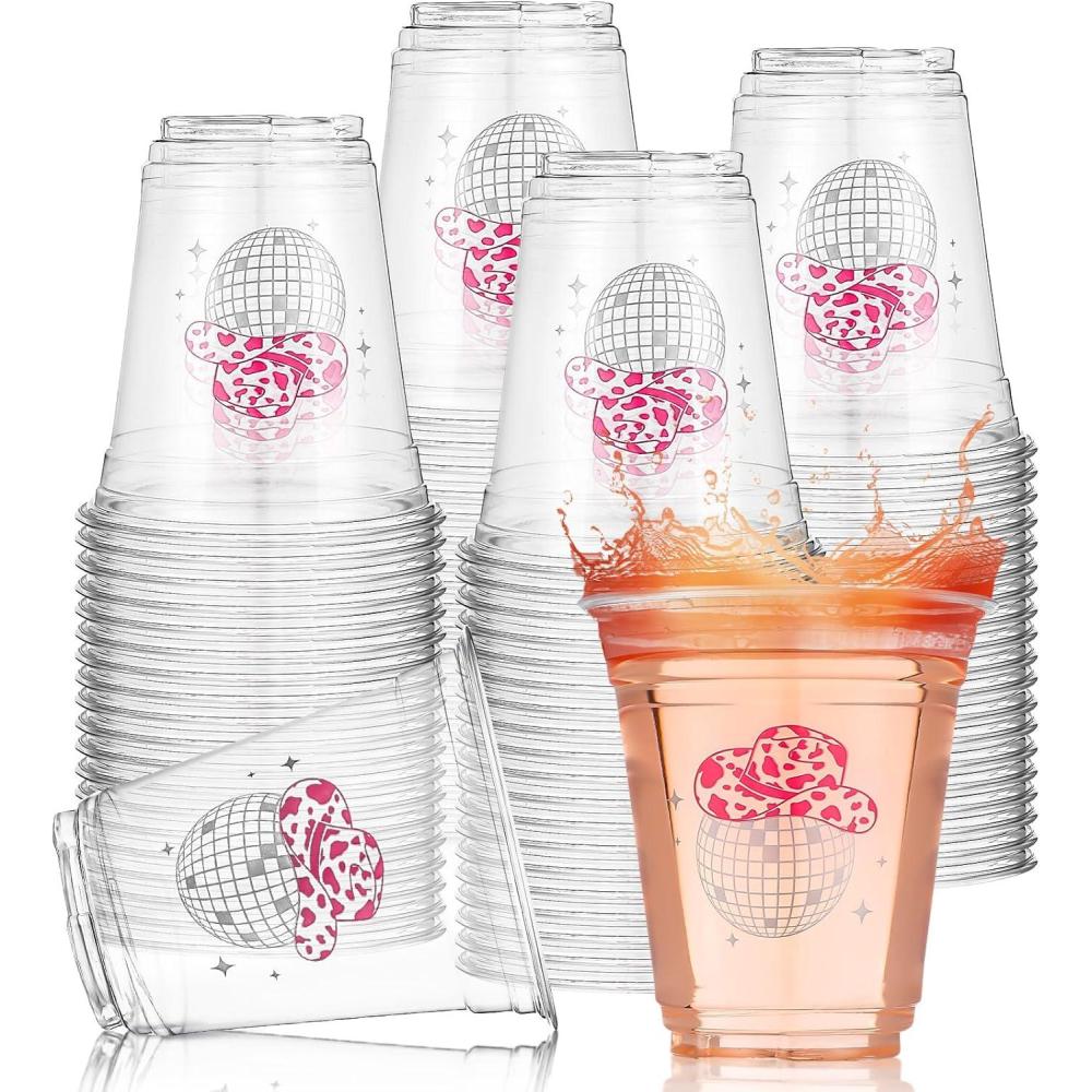 imageSliner 100 Pcs Pink Disco Cowgirl Plastic Cups Bachelorette Party Decorations 12 oz Disposable Clear Disco Ball Cups for Bachelorette Birthday Wedding 70s 80s 90s PartyClear