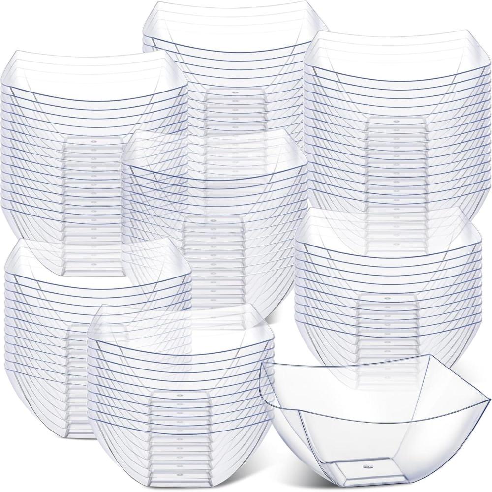 imageSliner 100 Pcs Square Plastic Bowls 8 oz Plastic Serving Bowls Disposable Chip Containers for Parties Snack Fruit Candy Containers for Candy Buffet Salad Bar Buffet Party SuppliesClearClear