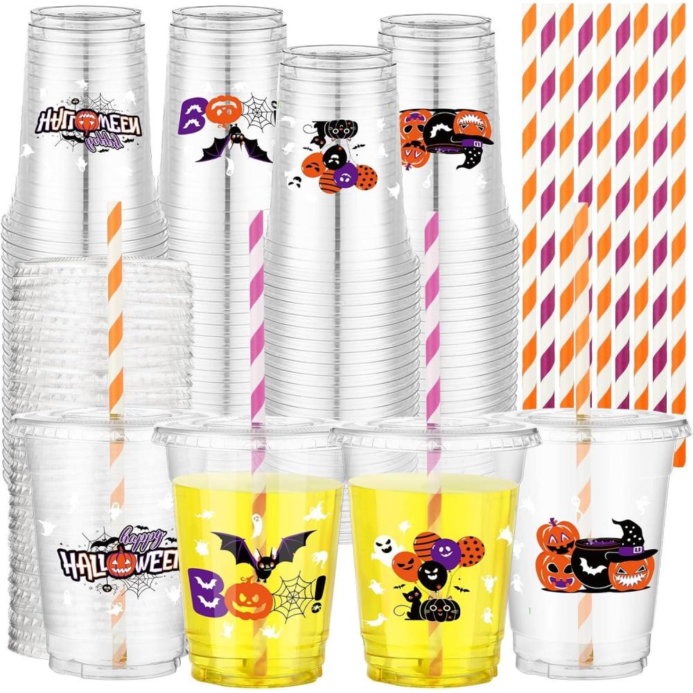 imageSliner 100 Sets 12 oz Happy Halloween Cups Clear Plastic Disposable Cups with Lids and Paper Straws Halloween Party Supplies for Party Coffee Beer Beverage Ice Cream Snack Candy