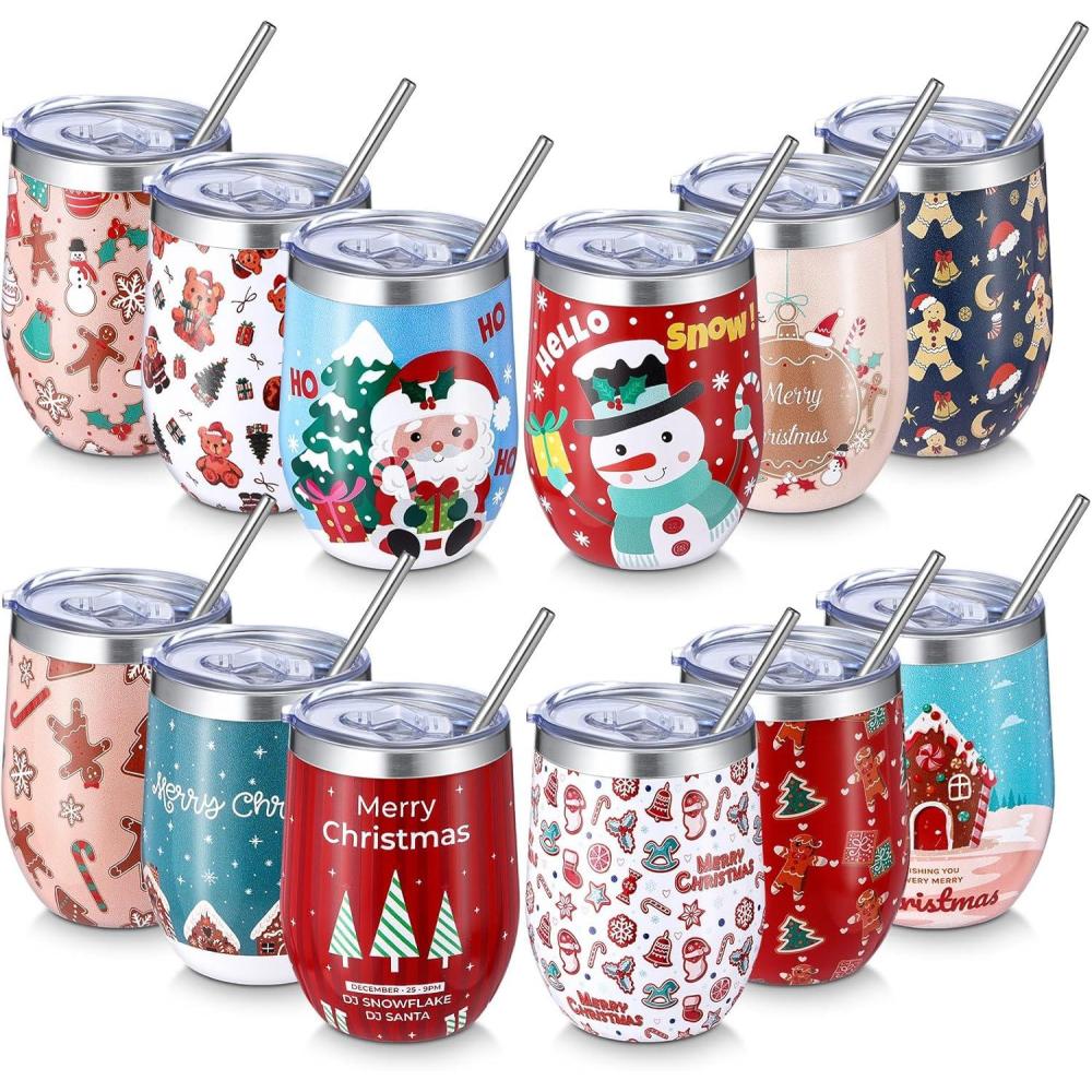 imageSliner 12 Pack Christmas Wine Tumbler 12 oz Christmas Stainless Steel Wine Glass Christmas Gift Tumbler Cup with Straw and Brush Santa Elk Coffee Mug Holiday Gift for Xmas Party Favor SnowmanGingerbread
