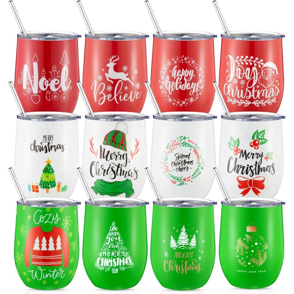 imageSliner 12 Pack Christmas Wine Tumbler 12 oz Christmas Stainless Steel Wine Glass Christmas Gift Tumbler Cup with Straw and Brush Santa Elk Coffee Mug Holiday Gift for Xmas Party Favor SnowmanTree