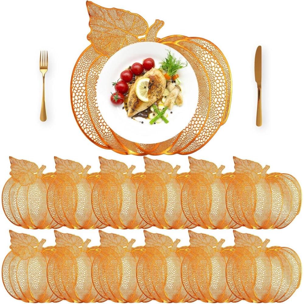 imageSliner 12 Pack Fall Halloween Thanksgiving Placemats Autumn Pumpkin Place Mats 17 x 16 Inch Pressed Vinyl Metallic Thanksgiving Table Decorations for Party Kitchen Dinning SliverBronze