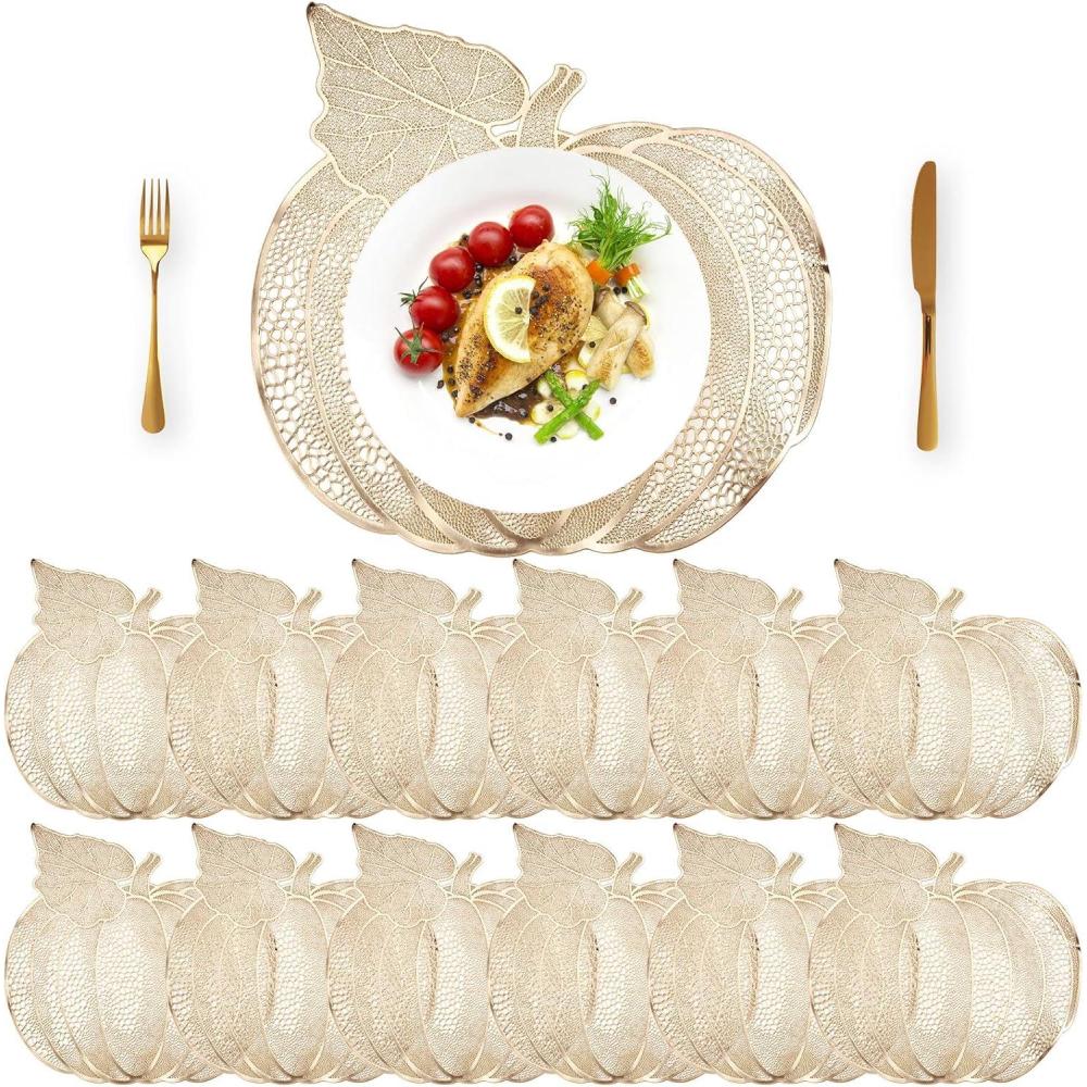 imageSliner 12 Pack Fall Halloween Thanksgiving Placemats Autumn Pumpkin Place Mats 17 x 16 Inch Pressed Vinyl Metallic Thanksgiving Table Decorations for Party Kitchen Dinning SliverGold