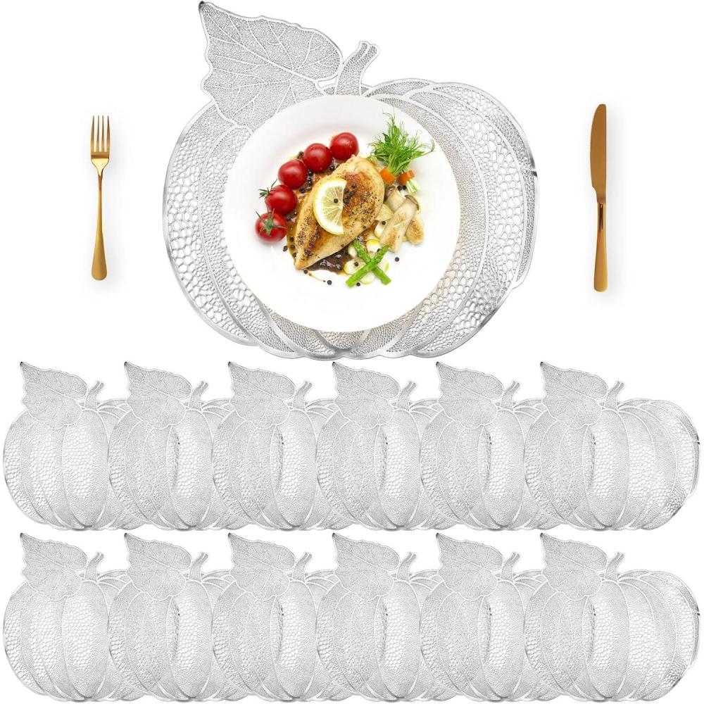 imageSliner 12 Pack Fall Halloween Thanksgiving Placemats Autumn Pumpkin Place Mats 17 x 16 Inch Pressed Vinyl Metallic Thanksgiving Table Decorations for Party Kitchen Dinning SliverSilver