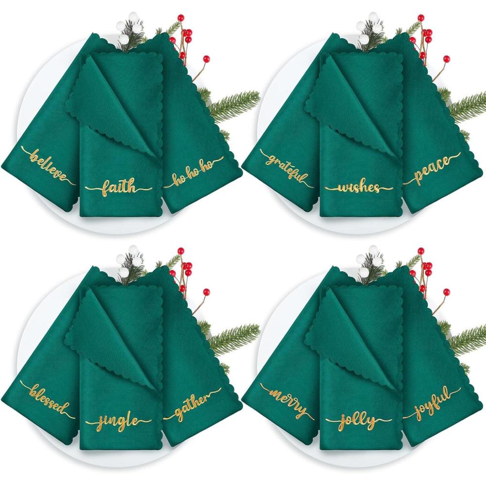 imageSliner 12 Pcs Christmas Red Cloth Napkins Set 17 x 17 Inch Embroidered Seasonal Sayings Dinner Fabric Napkins Washable Wishes Grateful Blessed Merry Christmas Napkin for Holiday Kitchen PartyGreen