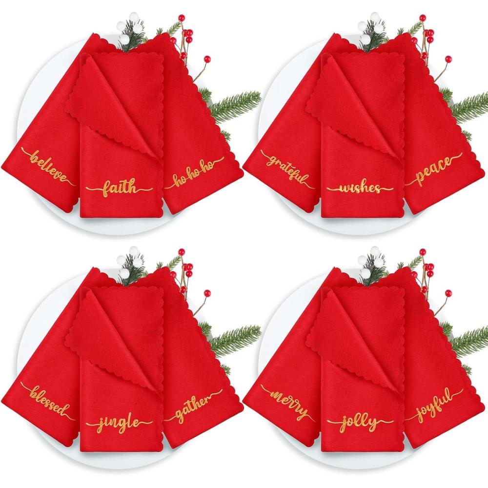imageSliner 12 Pcs Christmas Red Cloth Napkins Set 17 x 17 Inch Embroidered Seasonal Sayings Dinner Fabric Napkins Washable Wishes Grateful Blessed Merry Christmas Napkin for Holiday Kitchen PartyRed