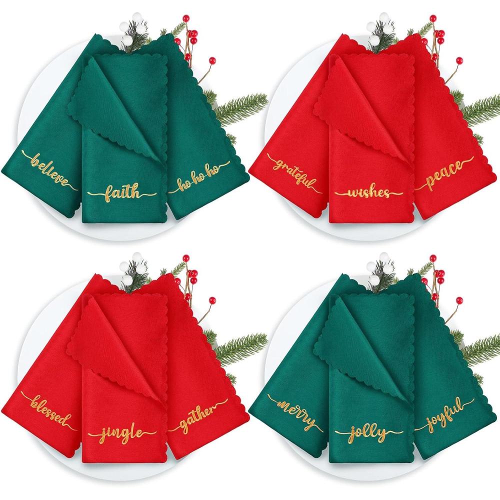 imageSliner 12 Pcs Christmas Red Cloth Napkins Set 17 x 17 Inch Embroidered Seasonal Sayings Dinner Fabric Napkins Washable Wishes Grateful Blessed Merry Christmas Napkin for Holiday Kitchen PartyRed and Green