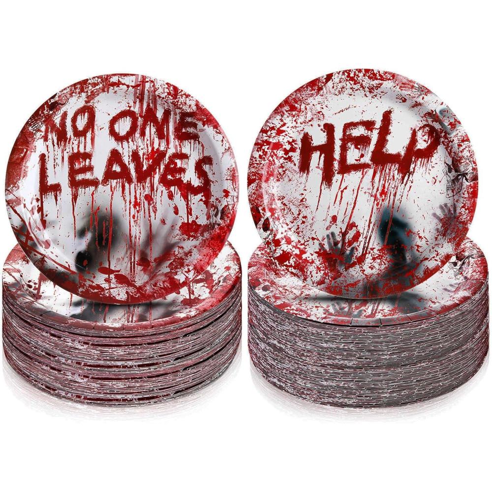 imageSliner 120 Pieces Halloween Plates Bulk 9 Inch Round Paper Plates Halloween Party Decorations Red Handprint Disposable Decorations for Party Tableware Supplies 2 Styles