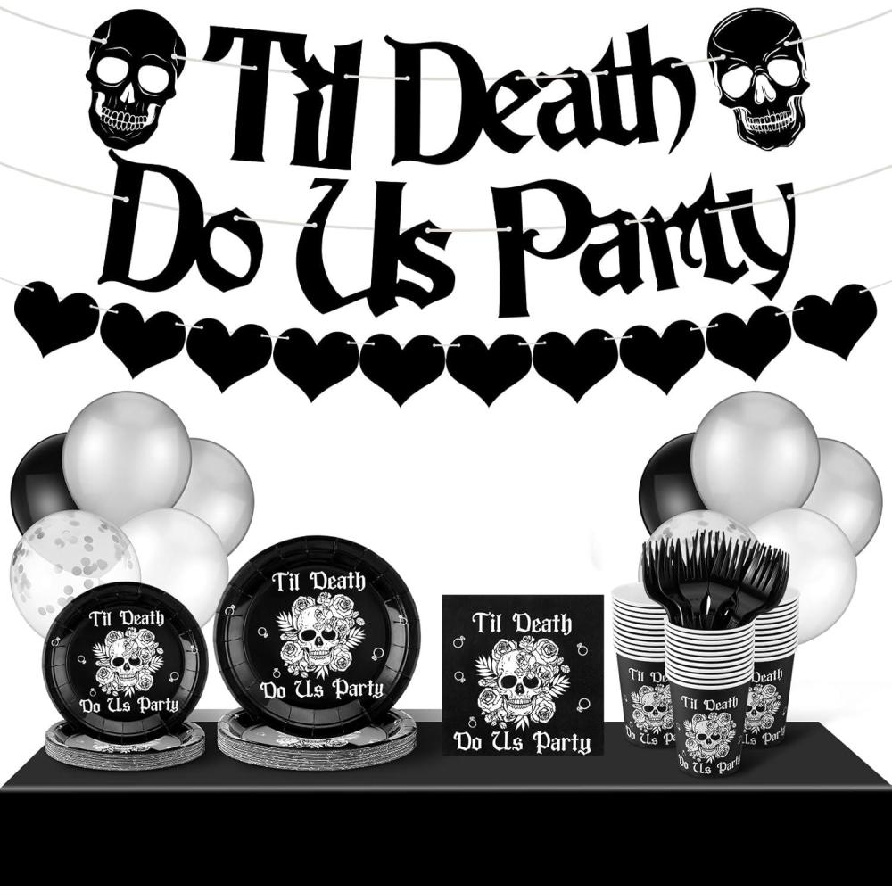 imageSliner 141 Pcs Bride or Die Bachelorette Party Decorations Til Death Do Us Party Favors Wedding Plates and Napkins Banner Balloons Skull Gothic Wedding Tableware Supplies