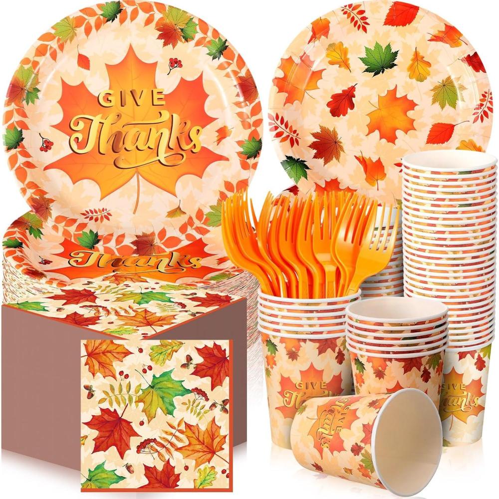 imageSliner 180 Pcs Fall Party Plates and Napkins Fall Party Supplies Include Paper Plates Napkins Cups Fork Disposable Tableware Set for Autumn Thanksgiving Decorations Serves 30Blue Car PumpkinLeaves