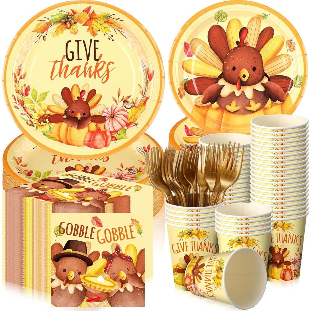 imageSliner 180 Pcs Fall Party Plates and Napkins Fall Party Supplies Include Paper Plates Napkins Cups Fork Disposable Tableware Set for Autumn Thanksgiving Decorations Serves 30Blue Car PumpkinCute Turkey