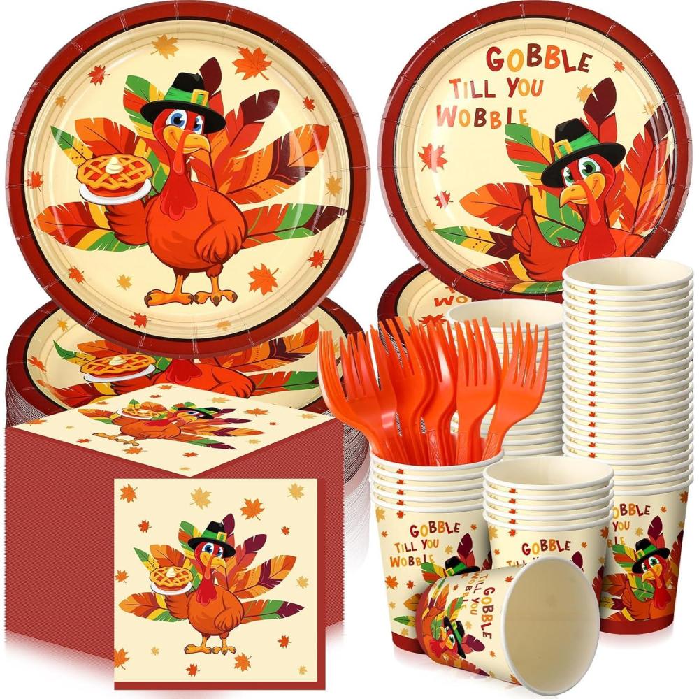 imageSliner 180 Pcs Fall Party Plates and Napkins Fall Party Supplies Include Paper Plates Napkins Cups Fork Disposable Tableware Set for Autumn Thanksgiving Decorations Serves 30Blue Car PumpkinColored Turkey