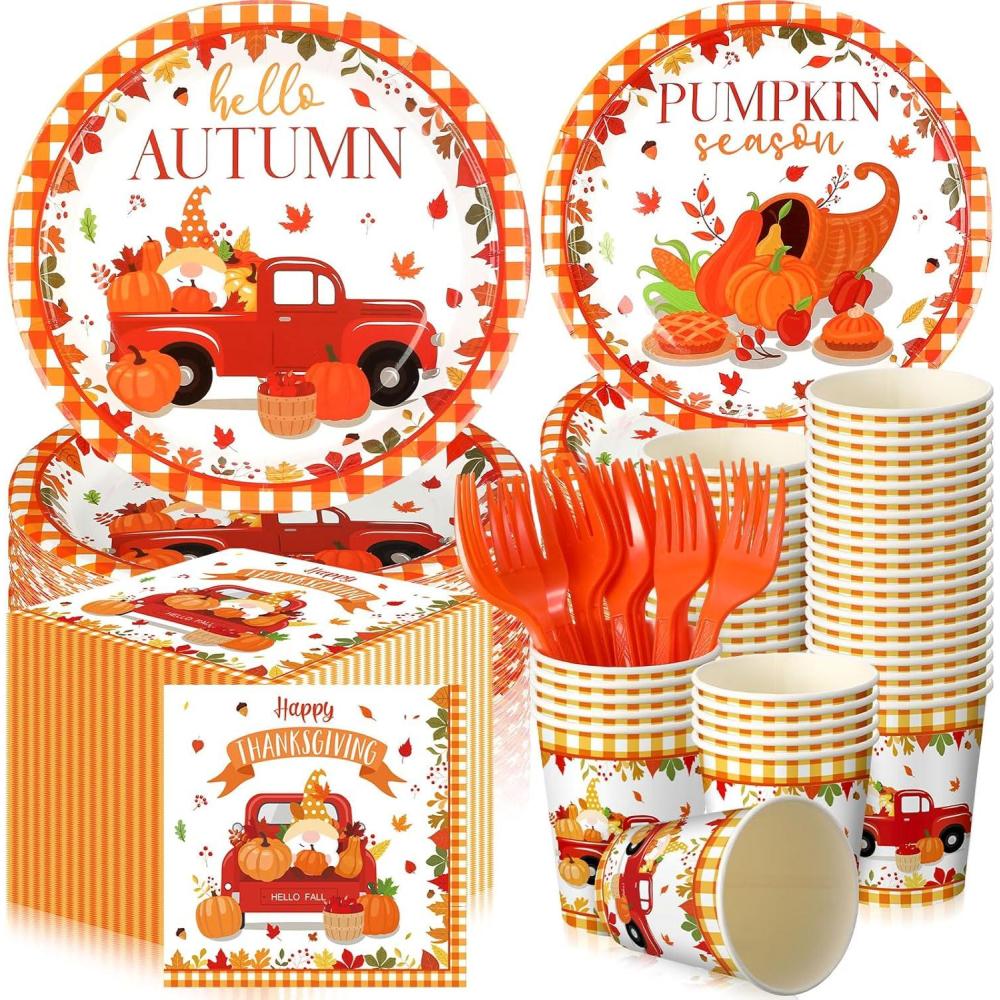 imageSliner 180 Pcs Fall Party Plates and Napkins Fall Party Supplies Include Paper Plates Napkins Cups Fork Disposable Tableware Set for Autumn Thanksgiving Decorations Serves 30Blue Car PumpkinRed Car Pumpkin