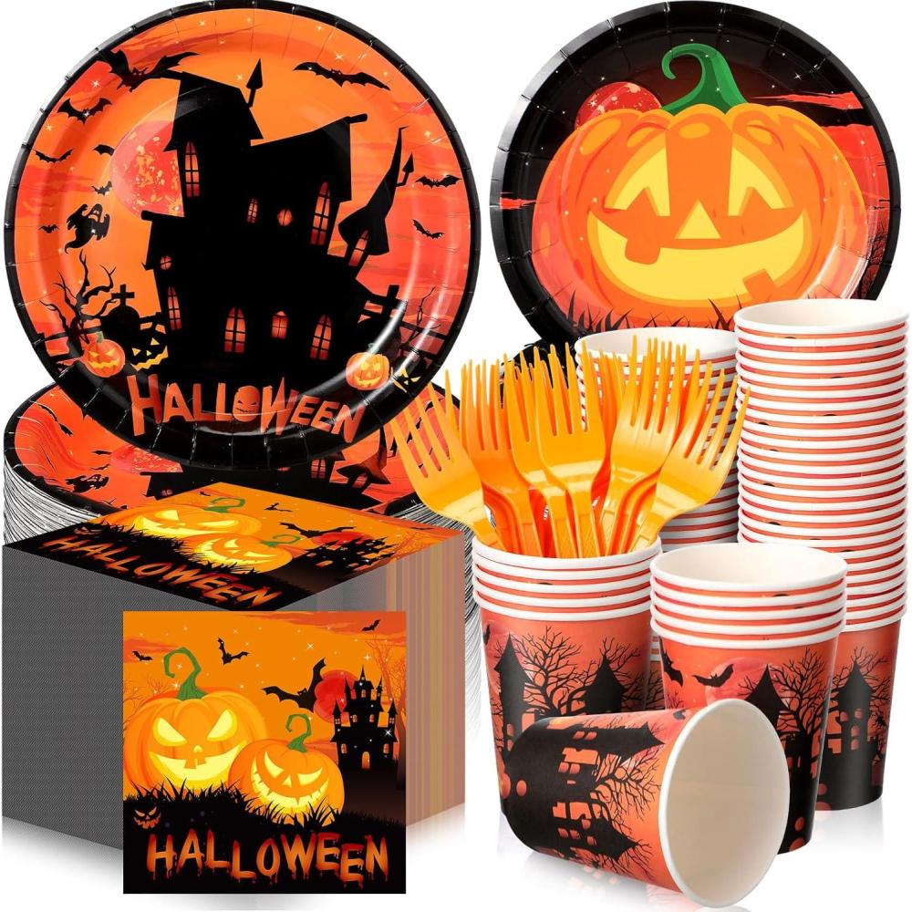 imageSliner 180 Pcs Halloween Party Supplies Plates Napkins Cups Serve 30 Halloween Disposable Paper Dinner Dessert Plates Spooky Napkins Cocktail Beverage Cups Plastic Fork Set MulticolorCute StyleOrange