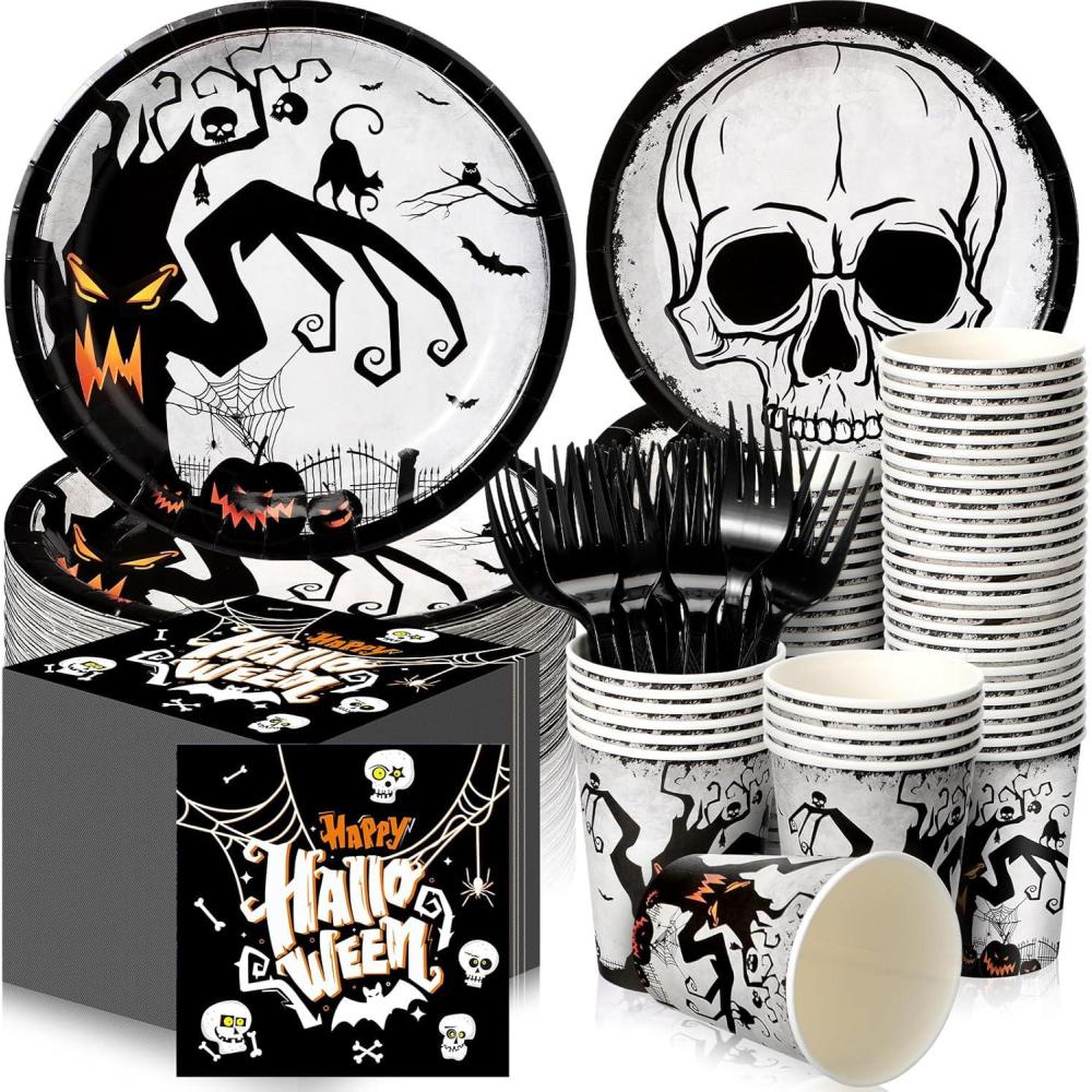 imageSliner 180 Pcs Halloween Party Supplies Plates Napkins Cups Serve 30 Halloween Disposable Paper Dinner Dessert Plates Spooky Napkins Cocktail Beverage Cups Plastic Fork Set MulticolorCute StyleBlack