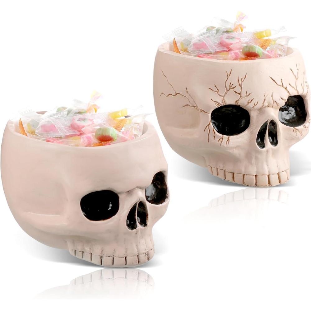 imageSliner 2 Pcs Halloween Skeleton Skull Bowl and Cup  Figurine Candy Dish Candle Holder Planter Pot for Party Home Bar Decor