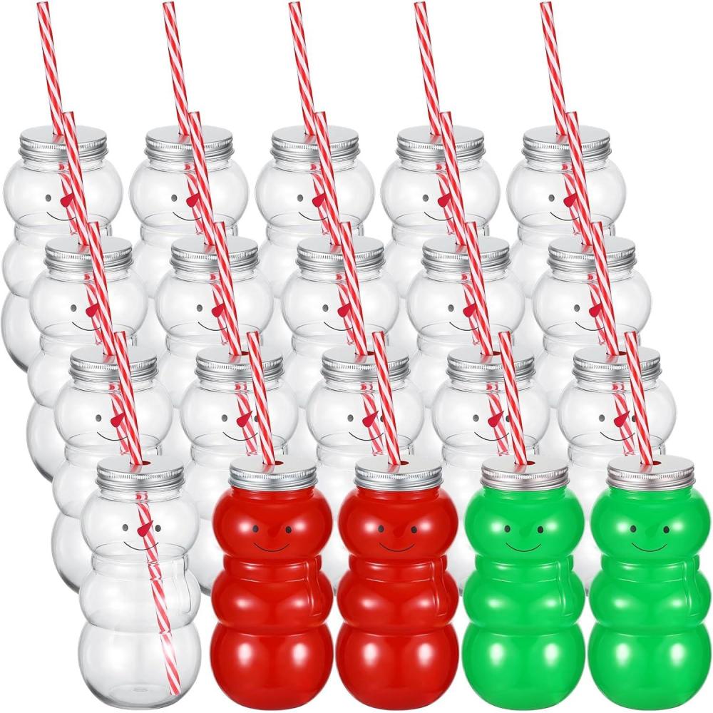 imageSliner 20 Pack Christmas Plastic Juice Bottle 17 Oz Snowman Shaped Reusable Water Bottles with Lids and Straws Empty Milk Beverage Bottle Juicing Drink Containers for Christmas Party Favor Daily Use
