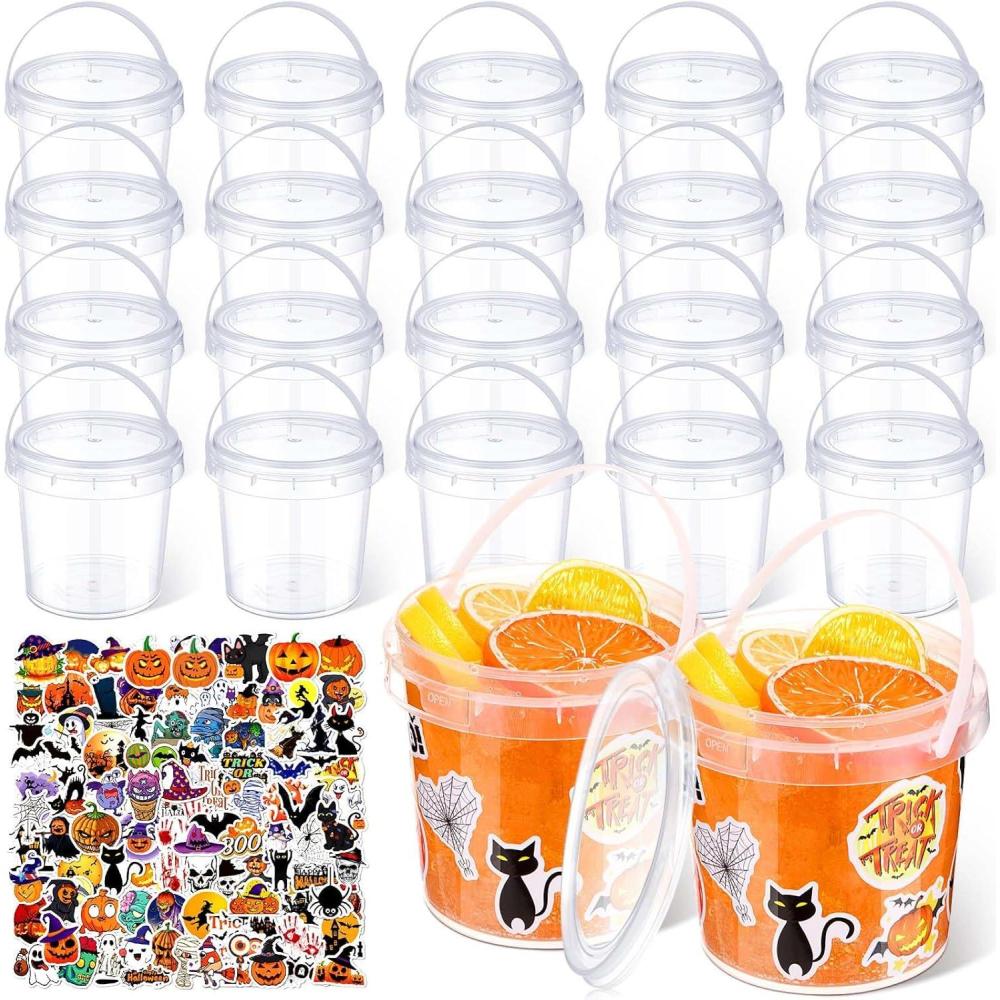 imageSliner 20 Pcs 34 oz Halloween Candy Bucket Small Halloween Pail 100 Horror Stickers Halloween Cocktail Rum Buckets with Lid and Handle for Halloween Candy Drinks Food Container