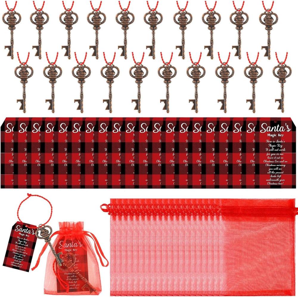 imageSliner 20 Set Christmas Santa Key Ornament for No Chimney Houses Vintage Metal Skeleton Charm Key with Santa Claus Card and Red Mesh Bag for Christmas Tree RedBlackRed  Black