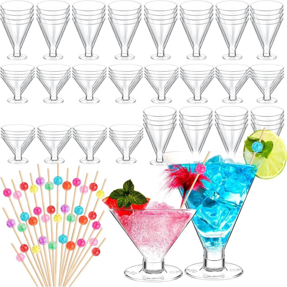 imageSliner 200 Pcs Plastic Margarita Glasses Disposable Martini Glasses and Pearl Cocktail Picks 5 oz6 oz Cocktail Toothpicks for Appetizer Disposable Margarita Dessert Cups for Summer Party Supplies