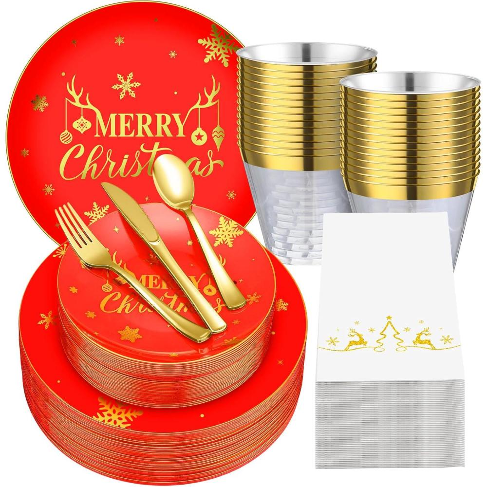 imageSliner 210 Pcs Christmas Party Tableware Christmas Disposable Plates and Cups Xmas Cutlery and Napkins for Serves 30 Guests Party SuppliesRed and GoldRed and Gold