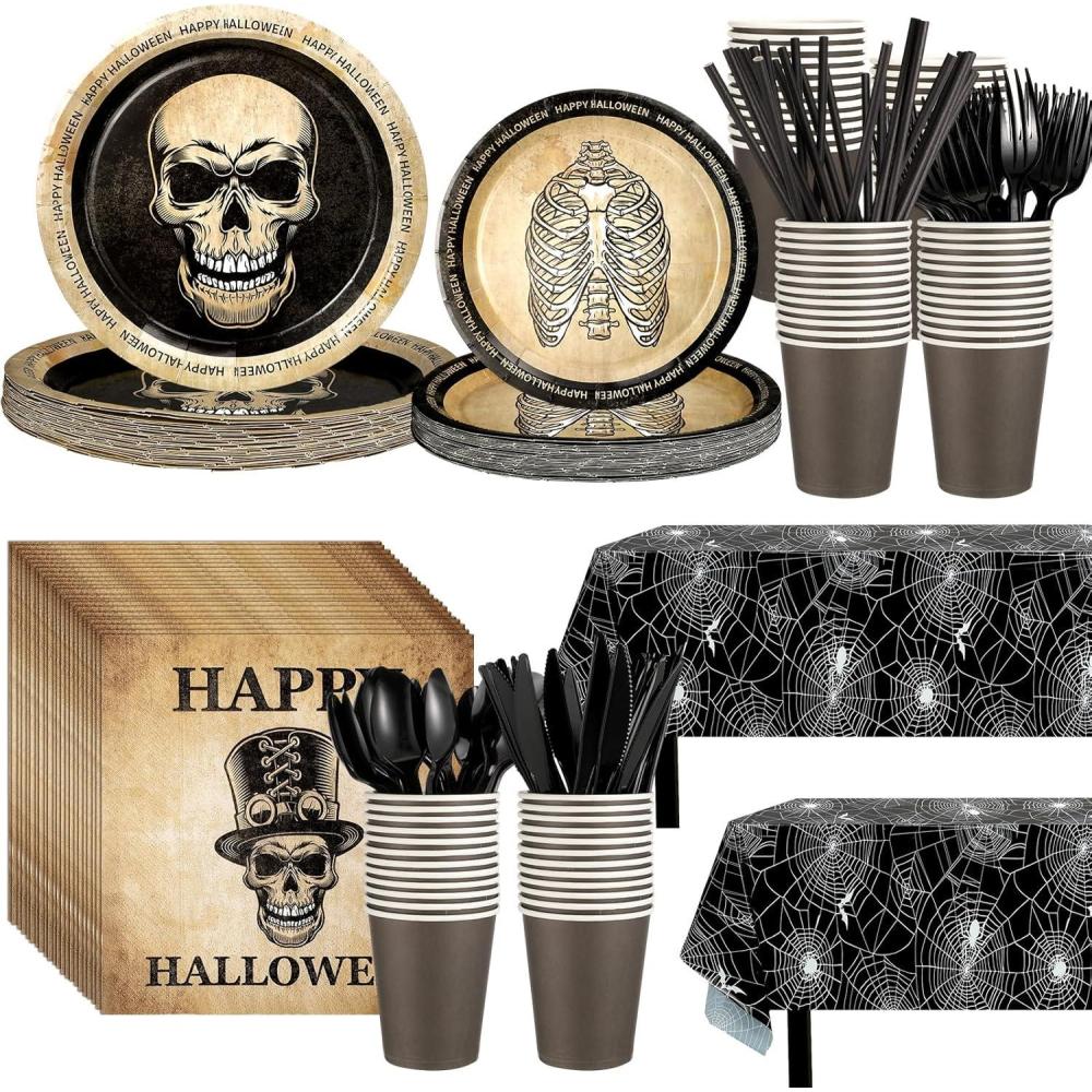 imageSliner 227Pcs Gothic Halloween Party Decorations Skull Vintage Supplies Tableware Set Include Tablecloth Tableware for Costume Birthday Party Serve 25