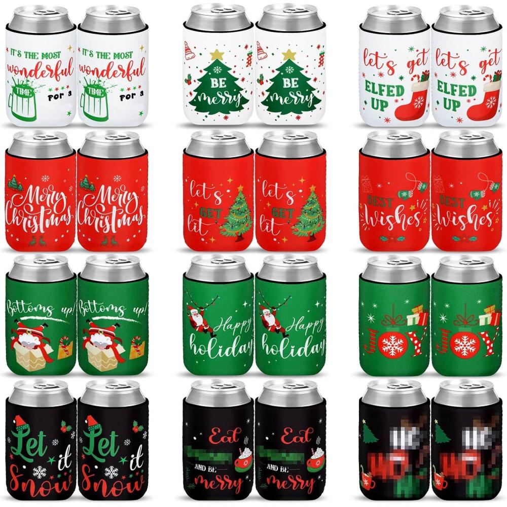 imageSliner 24 Pcs Christmas Can Sleeves Neoprene Can Sleeves Holders for Cans Beverages Drinking Bottle Christmas Holiday Party Decorations Gift Ideas Supplies 12 Styles