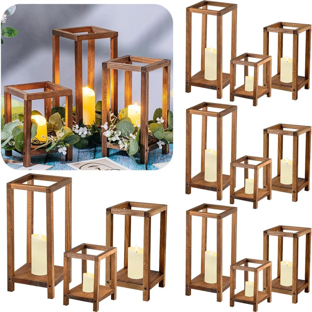 imageSliner 24 Pcs Wedding Lantern Centerpiece Set Includes 12 Rustic Wooden Candle Lantern 12 Flameless LED Candle for Wedding Party Baby Shower Table Fireplace Farmhouse Home Decoration