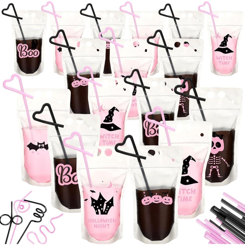 imageSliner 24 Set Halloween Drink Pouches with Straws for Adults Juice Liquor Pouches Happy Boo Day Pink Black Drink Bags for Adult Teen Stand up Plastic Bags for Halloween Party Props Favor