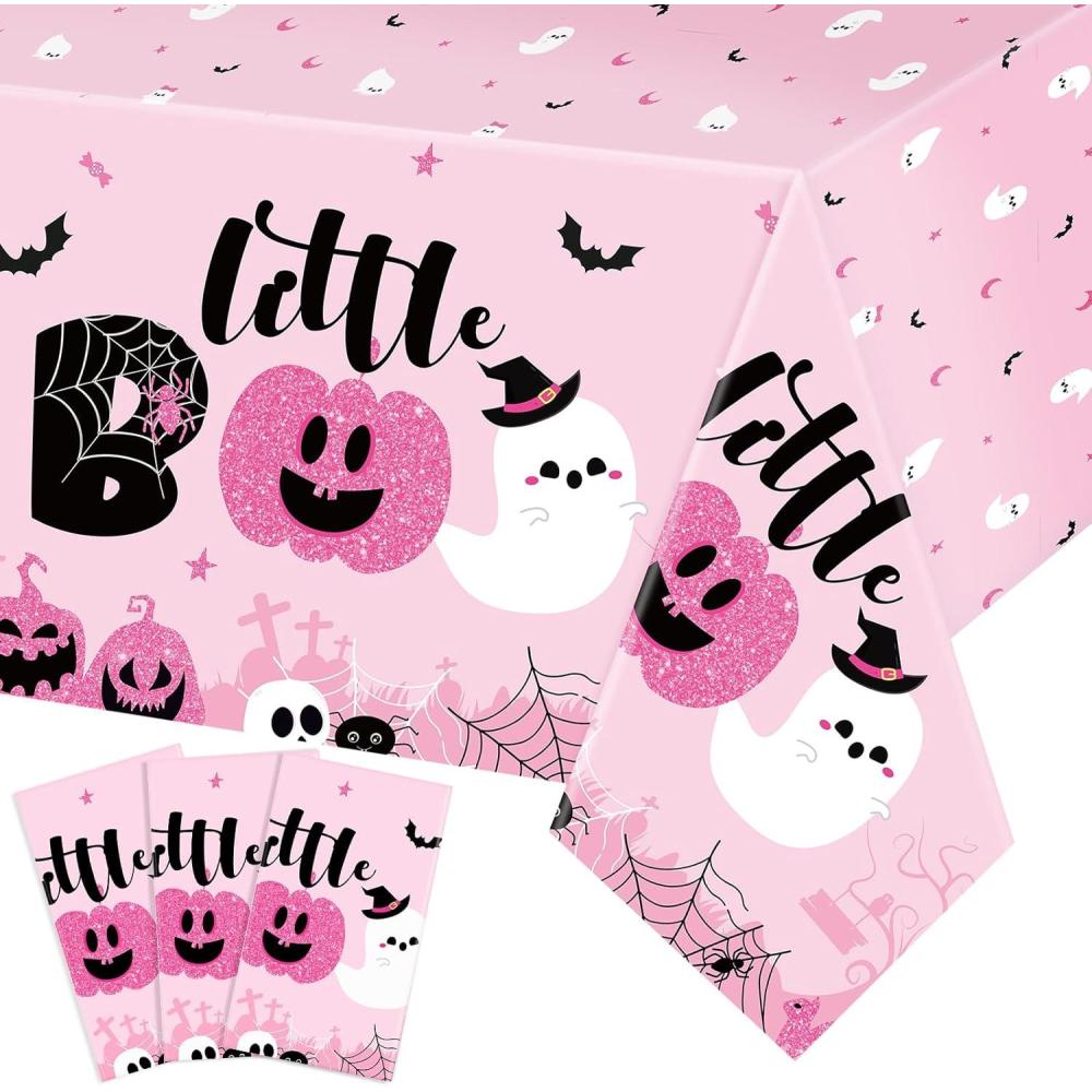 imageSliner 3 Pack Pink Halloween Tablecloths  Girl Little Boo Table Covers 108 x 54 Inch Pumpkins Ghost Plastic Table Cloths for Dinner Party Supplies