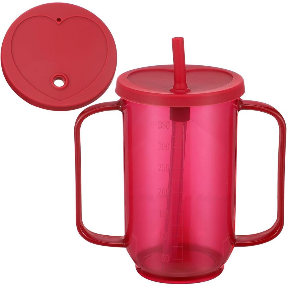imageSliner 3 Pcs Adult Sippy Cups for Elderly 12 oz Plastic Spill Proof Cups with 2 Handles Straw and Lid for Adults Hospital Disabled Dysphagia Patients BlueRed