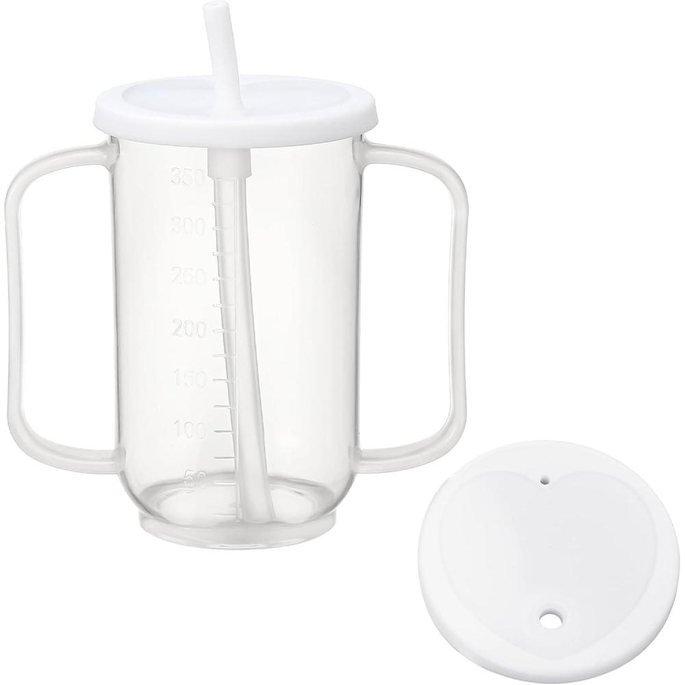 imageSliner 3 Pcs Adult Sippy Cups for Elderly 12 oz Plastic Spill Proof Cups with 2 Handles Straw and Lid for Adults Hospital Disabled Dysphagia Patients BlueWhite