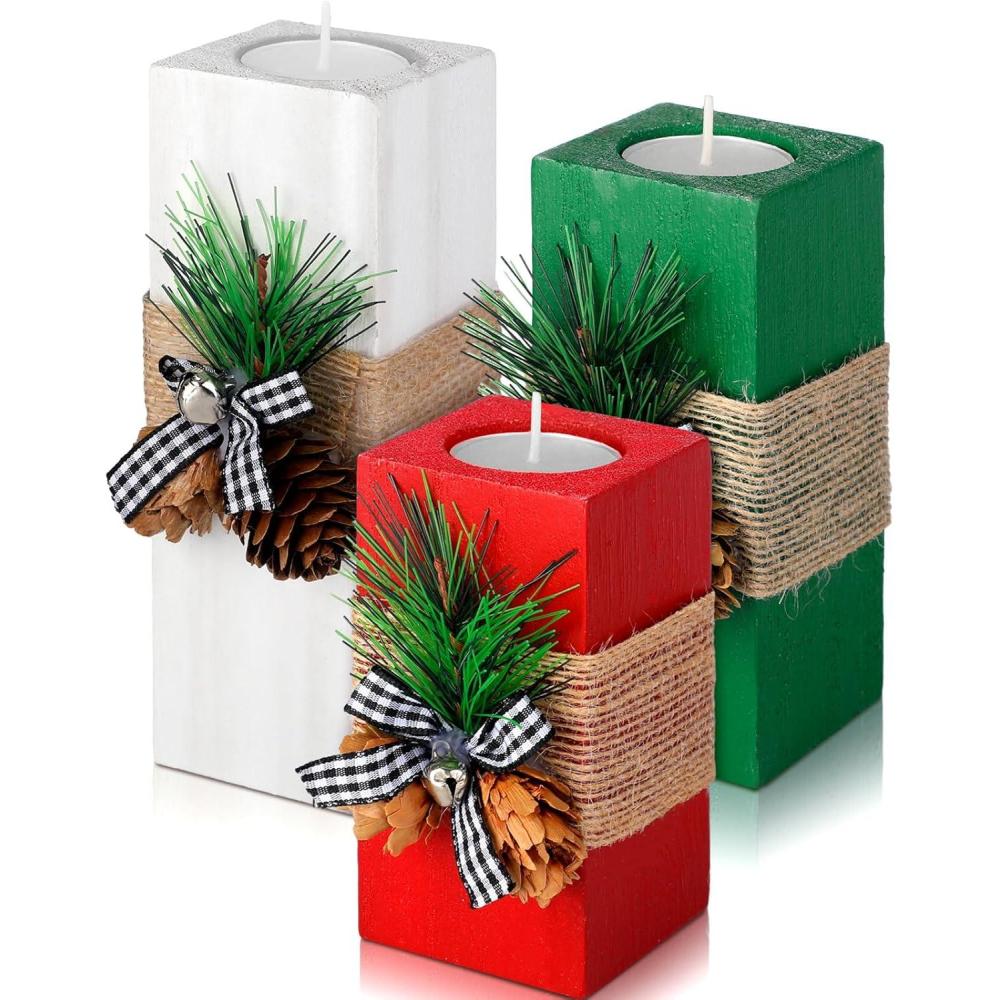 imageSliner 3 Pcs Christmas Candle Holders with Candles Wooden Xmas Tealight Candle Holders Decorations Red White Green Votive Wood Candlestick for Christmas Table Centerpiece Decor Xmas Gifts