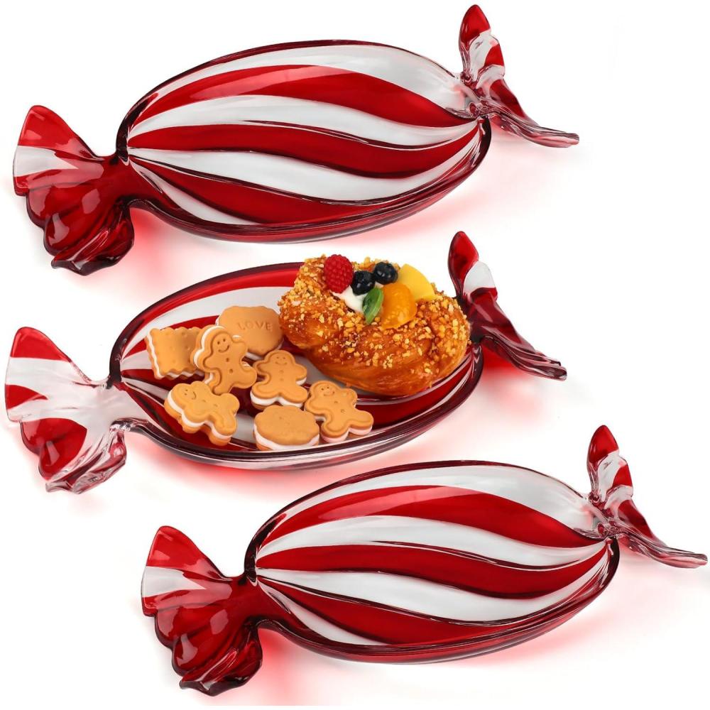 imageSliner 3 Pcs Christmas Holiday Candy Dish Peppermint Candy Tray Christmas Serving Dishes Crystal Glass Fruit Plates Dessert Plates Tableware Bowl for Xmas Cookie Snack Party Favor RedRed