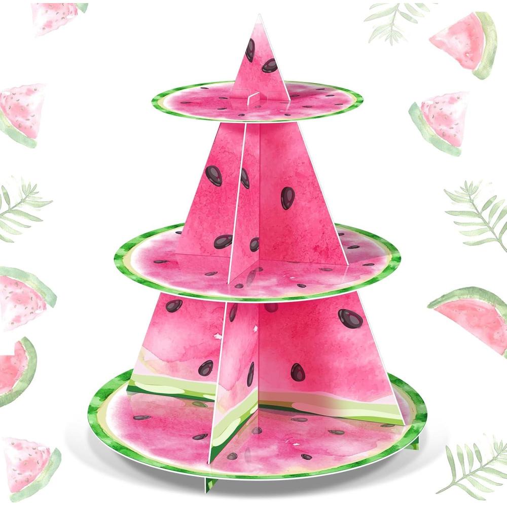 imageSliner 3 Tier Watermelon Cupcake Stand One in a Melon Summer Party Decorations Watermelon Theme Cake Holder Pink Birthday Dessert Tower for Kids Girls Adults Baby Shower Wedding Party Favor Supplies