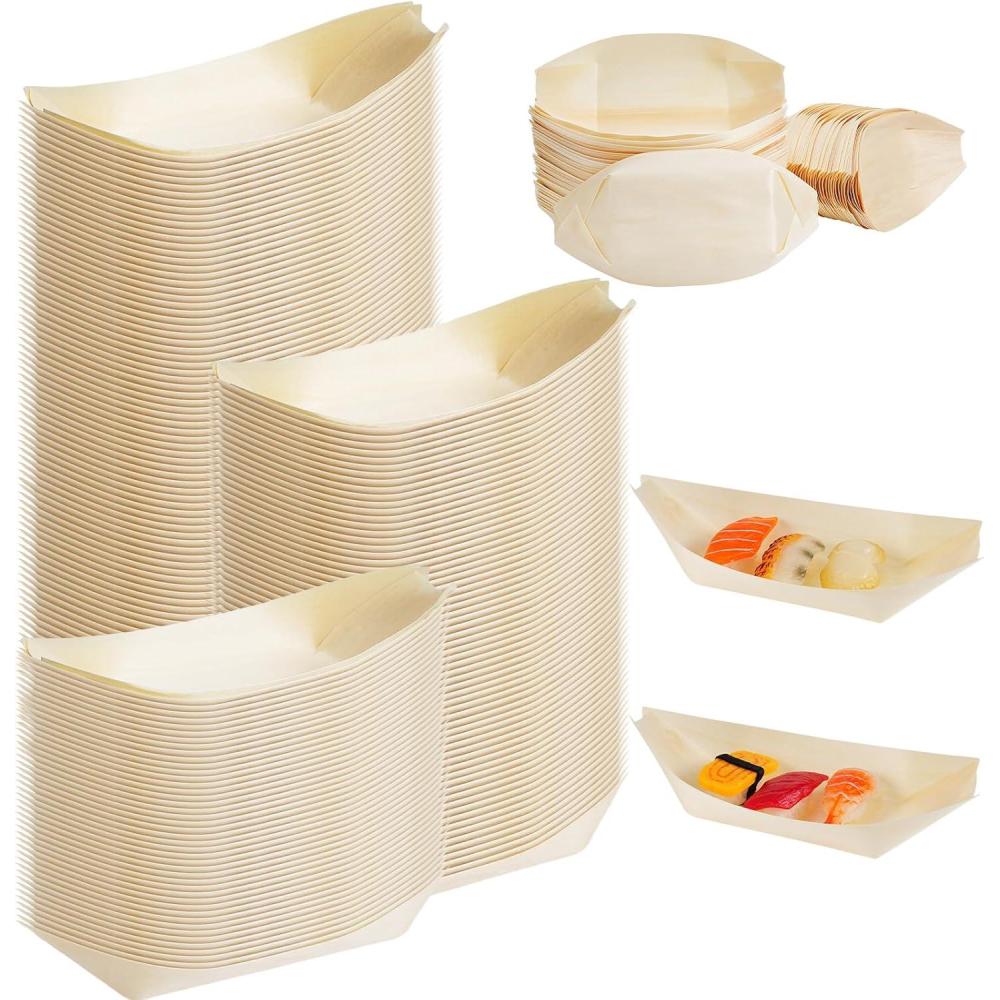 imageSliner 300 Pcs Disposable Wood Boat Plates Dishes Food Boats Disposable Wooden Appetizer Sushi Plates Bulk for Catering and Home Use7 Inch7 Inch