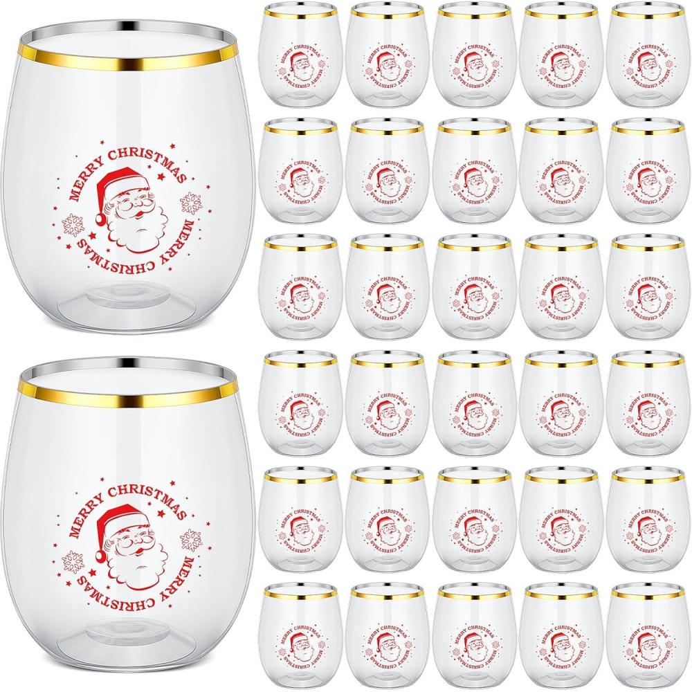 imageSliner 32 Pcs Christmas Stemless Wine Glasses 12 oz Clear Plastic Wine Glasses Bulk Santa Claus Gold Rim Funny Drinking Set for Women Man Family Friends Christmas