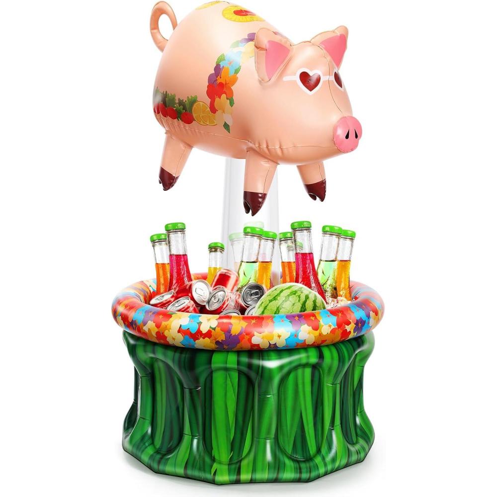 imageSliner 35 Inch Luau Pig Inflatable Cooler Luau Hawaiian Tropical Beach Themed Party Decorations Blow Up Beverage Cooler Drink Container for Outdoor Summer Pool Party Supplies