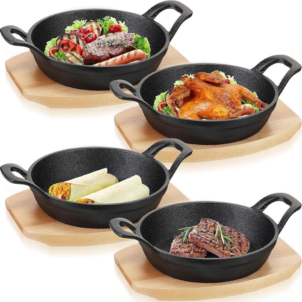 imageSliner 4 Sets Mini Cast Iron Skillet Small Cast Iron Plates Skillet with Wooden Base Small Round Pan Fajita Plate Pot for Baking Cooking63 Inches63 Inches