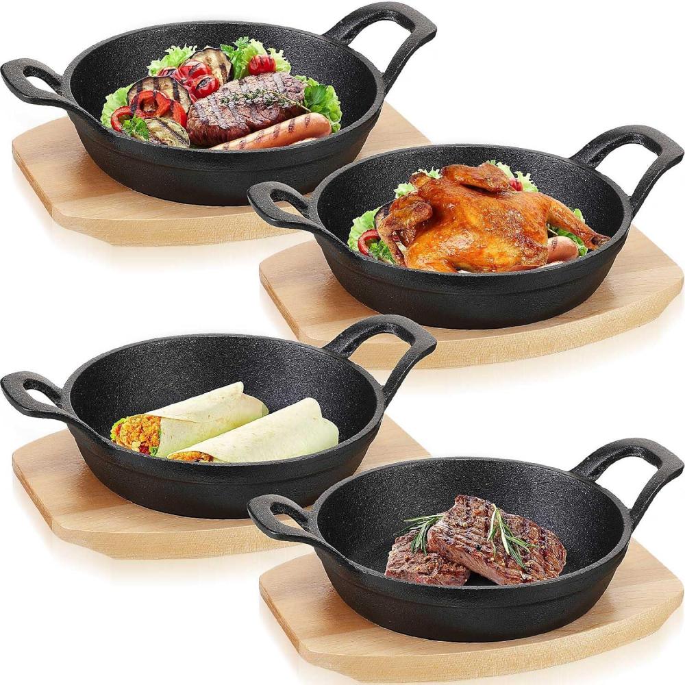 imageSliner 4 Sets Mini Cast Iron Skillet Small Cast Iron Plates Skillet with Wooden Base Small Round Pan Fajita Plate Pot for Baking Cooking63 Inches79 Inches