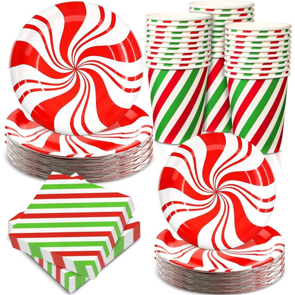 imageSliner 400 Pcs Christmas Paper Plates and Napkins Tableware Set Disposable Peppermint Dinnerware Decorations Christmas Candy Cane Party Supplies 200 Plates 100 Napkins 100 Cups for Holiday Xmas