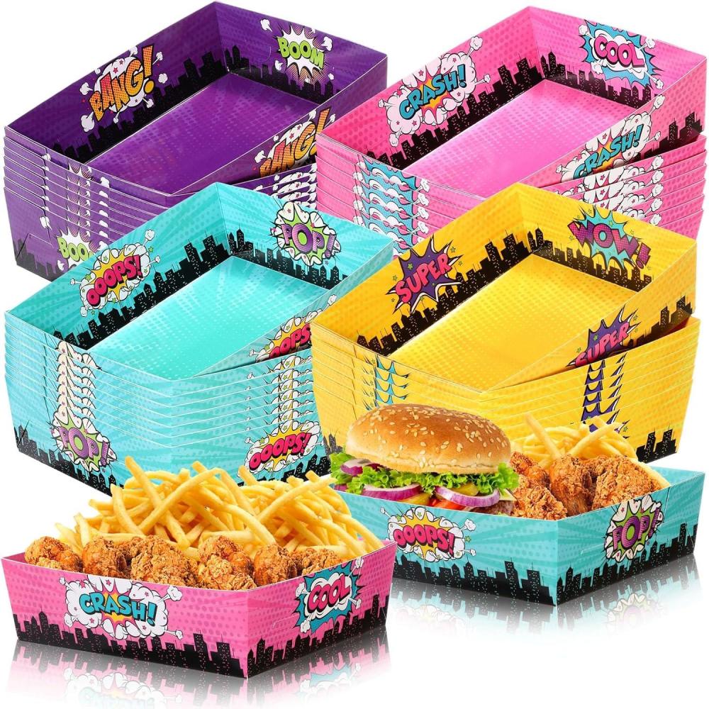imageSliner 48 Pcs Hero Theme Birthday Party Supplies 5Lb Large Hero Food Trays Party Favors Food Boats Snack Paper Trays for Birthday DecorationsBoyGirl